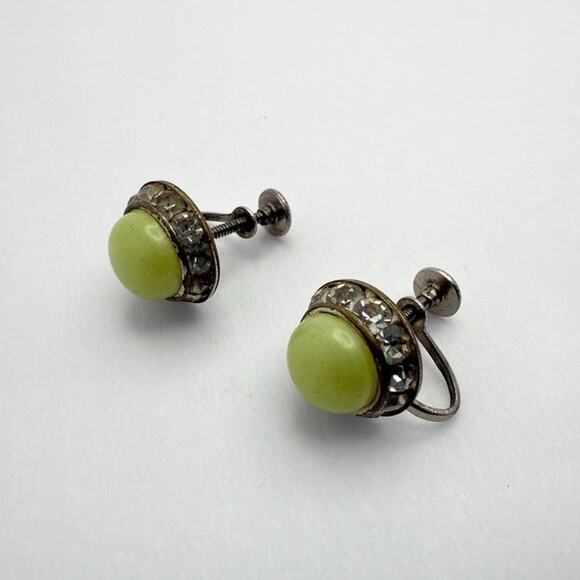 Vintage Art Deco Green Glass & Paste Screw-Back Earrings - Picture 1 of 6